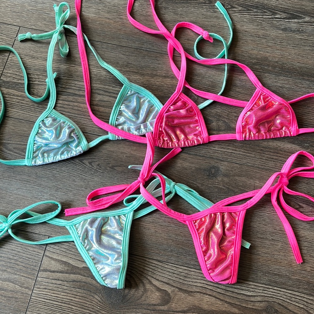 Lot of 2 pink blue metallic tie side pearl bikinis stripper new bikini one size